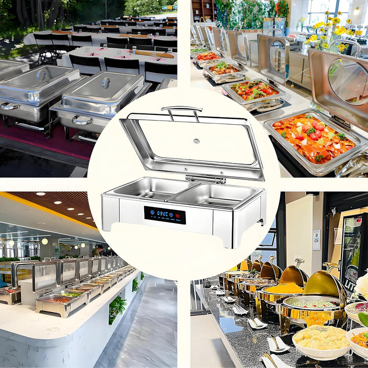 Elektrischer Chafing Dish Glasdeckel, 9L Edelstahl Speisewärmer Buffetwärmer Elektrisch Einstellbare