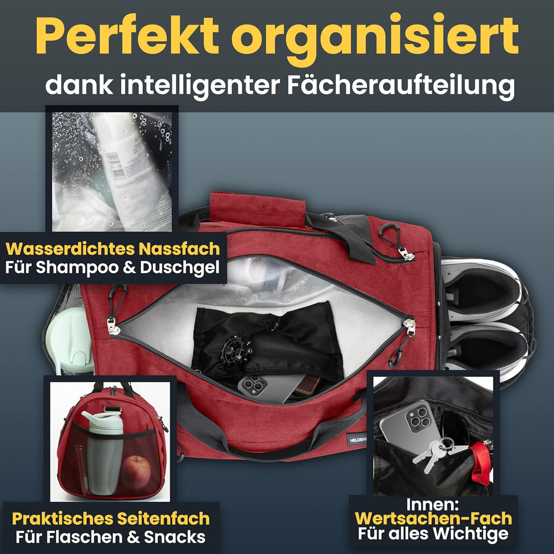 Heldenwerk® Sporttasche & Reisetasche für Damen und Herren klein I Trainingstasche mit Schuhfach und