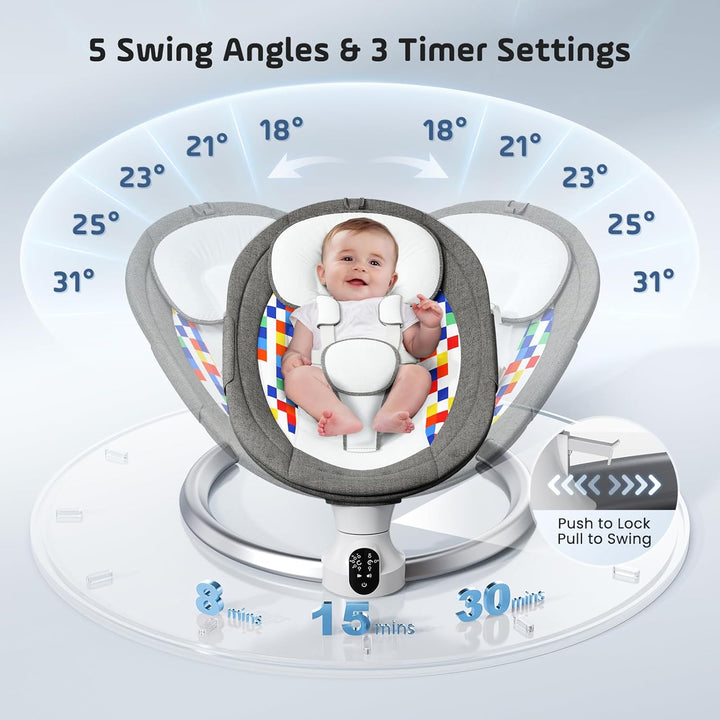 Bluetooth Elektrische Babyschaukel, Upgrade 5-Punkte Geschirr Elektrische Babywippe mit 5 Geschwindi