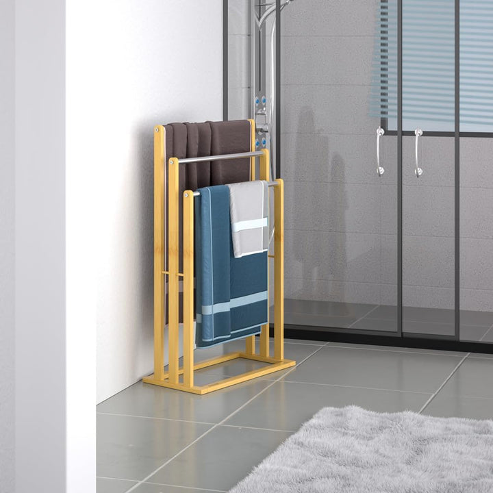 CASARIA® 2er Set Handtuchständer Freistehend Bambus Holz 84 x 46 x 24 cm 3 Edelstahl Stangen Handtuc