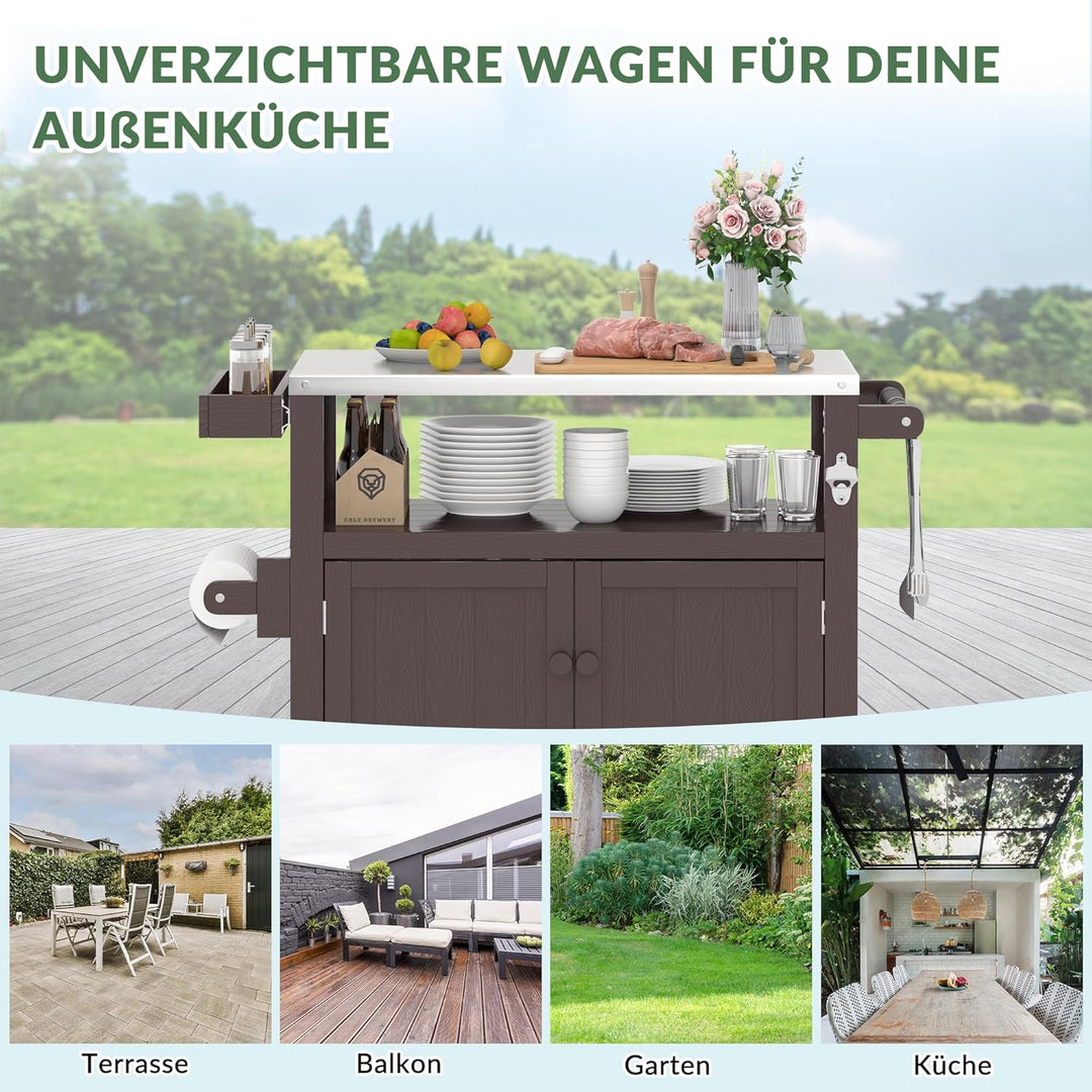 Grillwagen für den Aussenbereich mit Edelstahlplatte, wetterfester HIPS-Gartenwagen mit Aufbewahrung