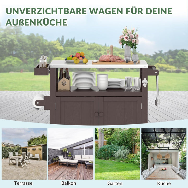 Grillwagen für den Aussenbereich mit Edelstahlplatte, wetterfester HIPS-Gartenwagen mit Aufbewahrung