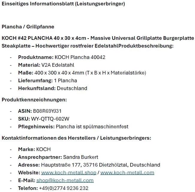 KOCH #42 PLANCHA 40 x 30 x 4cm - Grillpfanne Grillplatte Burger- Steakplatte made in Germany – Hochw