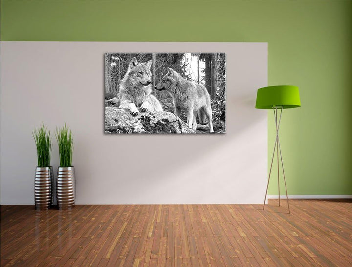 Wölfe im Wald Kunst B&W, Format: 100x70 auf Leinwand, XXL riesige Bilder fertig gerahmt mit Keilrahm