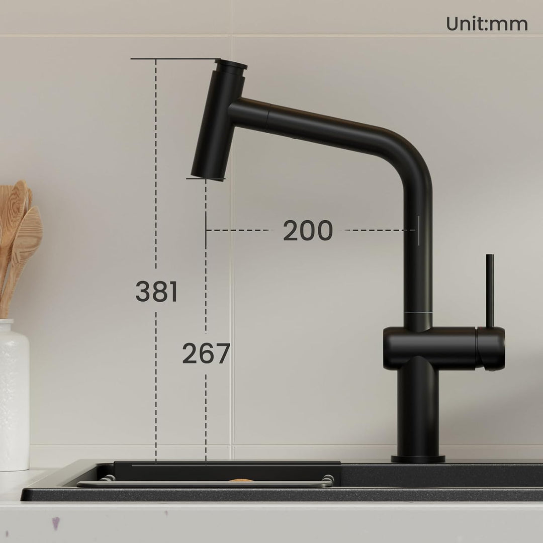 CECIPA Wasserhahn Küche Schwarz, Ausziehbar Küchenarmatur mit Brause Zwei Wasserstrahlarten, Hochdru
