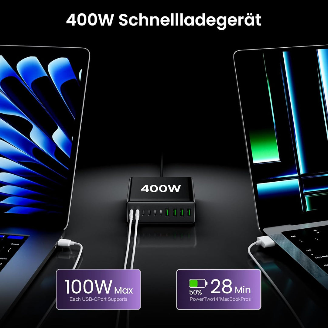 USB C Ladegerät Mehrfach: 400W 10-Port Schnellladegerät mit USB-C und USB-A, USB c Netzteil für iPho