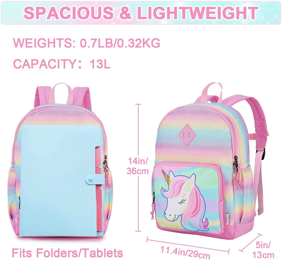 VASCHY Mädchen Schulrucksack 4-6 Jahre Schulrucksack mit Seitentaschen und Brustgurt 127-einhorn, 12