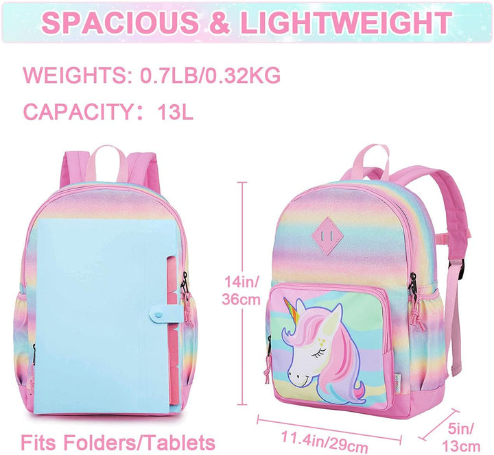 VASCHY Mädchen Schulrucksack 4-6 Jahre Schulrucksack mit Seitentaschen und Brustgurt 127-einhorn, 12
