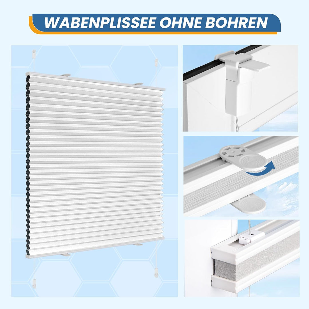 TFSKY Wabenplissee Plissee ohne Bohren Verdunkelung Klemmfix Zweifarbigz Weiss-Weiss B55 x H180 cm D