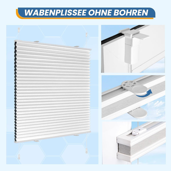 TFSKY Wabenplissee Plissee ohne Bohren Verdunkelung Klemmfix Zweifarbigz Weiss-Weiss B55 x H180 cm D