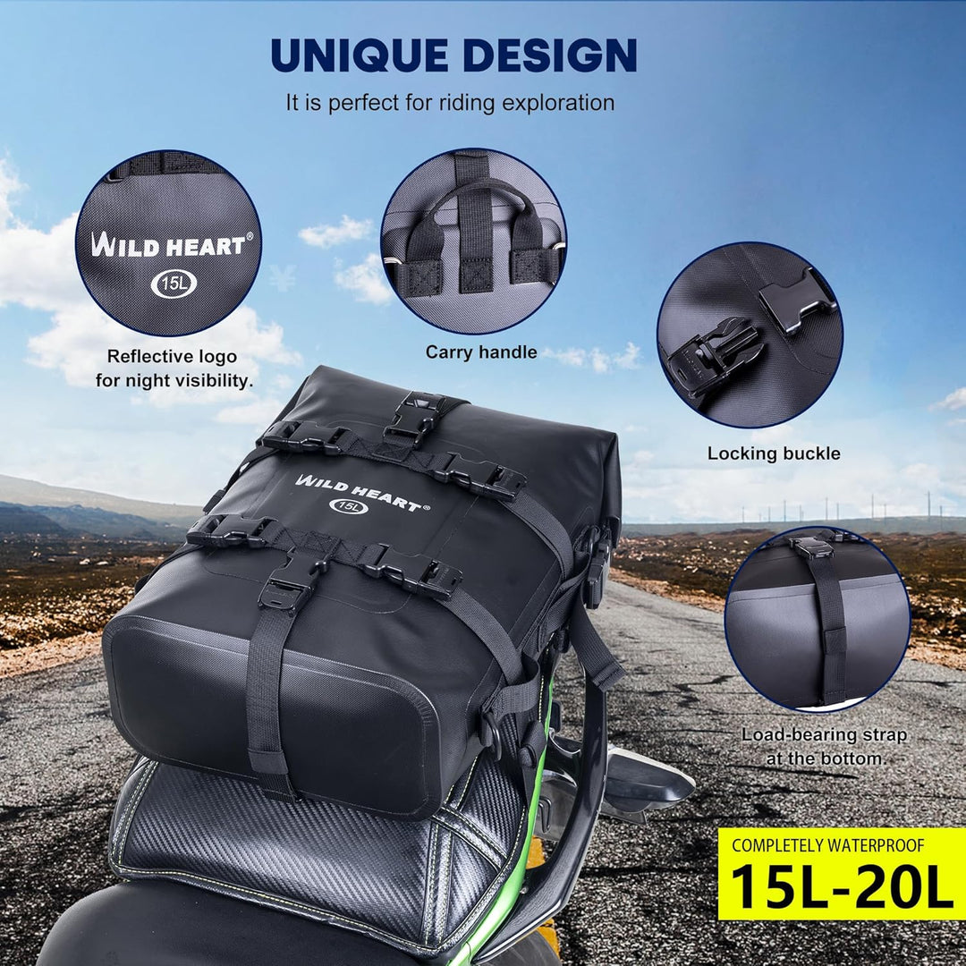 WILD Heart Motorrad-Trockentasche Sturzbügel-Taschen Tasche Gepäck Sissy Bar Rücksitz Sattelträger H