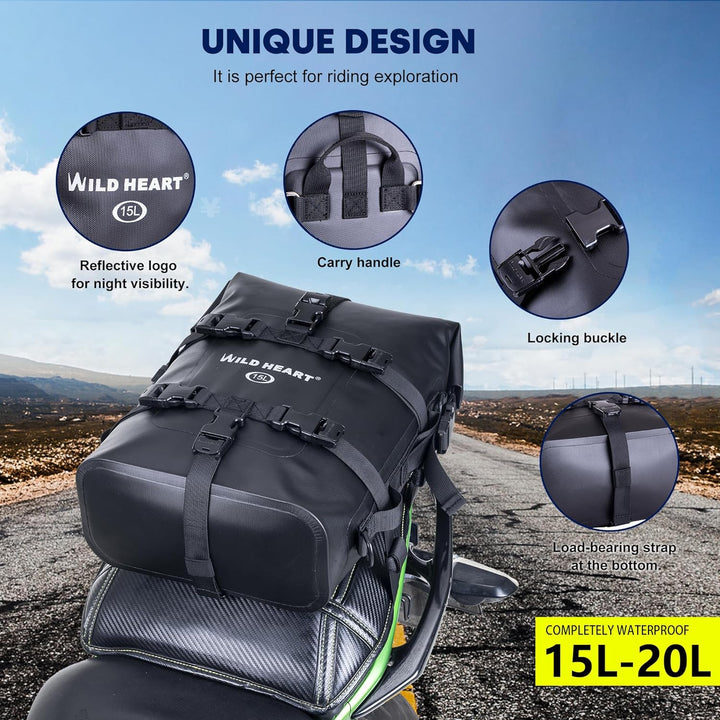 WILD Heart Motorrad-Trockentasche Sturzbügel-Taschen Tasche Gepäck Sissy Bar Rücksitz Sattelträger H