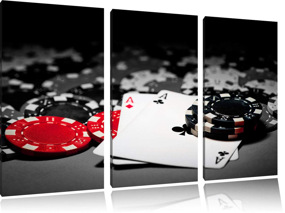 Spielkarten auf Pokertisch schwarz/weiss 3-Teiler Leinwandbild 120x80 Bild auf Leinwand, XXL riesige