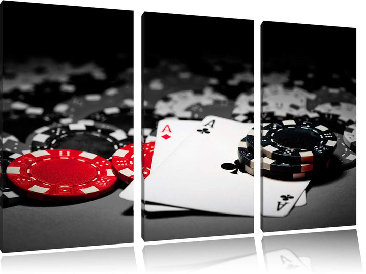Spielkarten auf Pokertisch schwarz/weiss 3-Teiler Leinwandbild 120x80 Bild auf Leinwand, XXL riesige