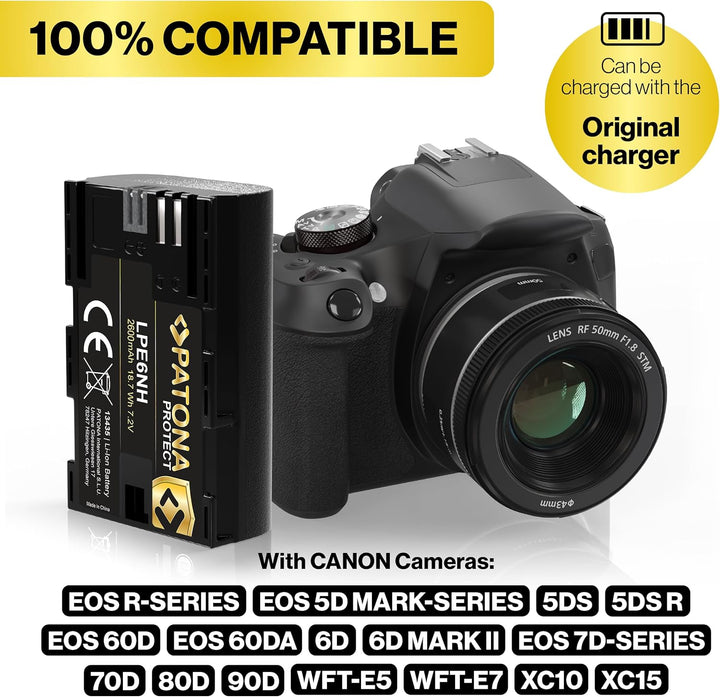 PATONA 2x PROTECT LP-E6NH Akku 2600mAh Ersatzakku kompatibel mit Canon EOS R5 R6 R6II R7 5D Mark II