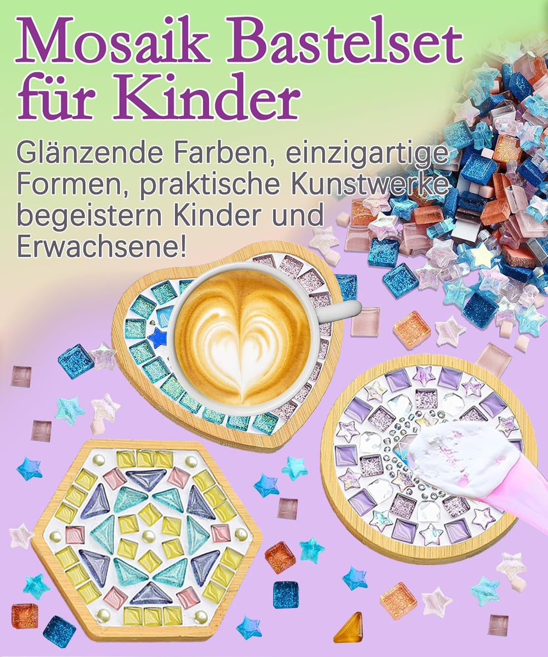 Mosaik Bastelset Kinder Finsink 4 Stück Herz Mosaik Untersetzer Bastelset DIY Holz Untersetzer Set M