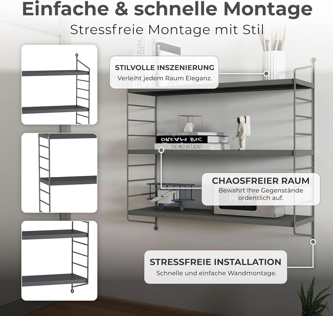 [en.casa] Modulares Wandregal Strängnäs 4er Set Metallregal Dunkelgrau Hängeregal mit 3 Regalböden B