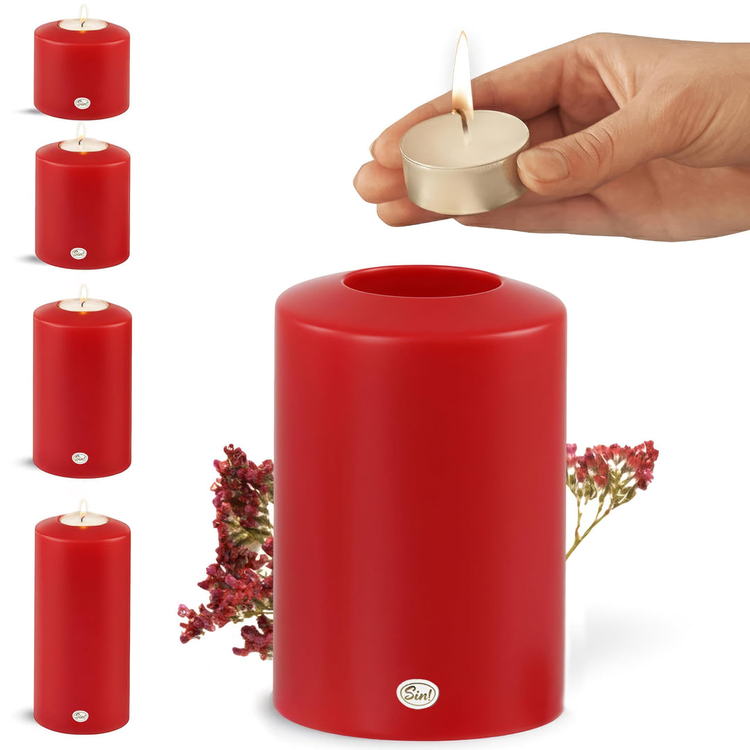 Sin!® 1x Teelichthalter & Dauerkerze Classic ROT ∅ 8cm Höhe 15cm Seidenglanz - Die Kerze die Nicht s