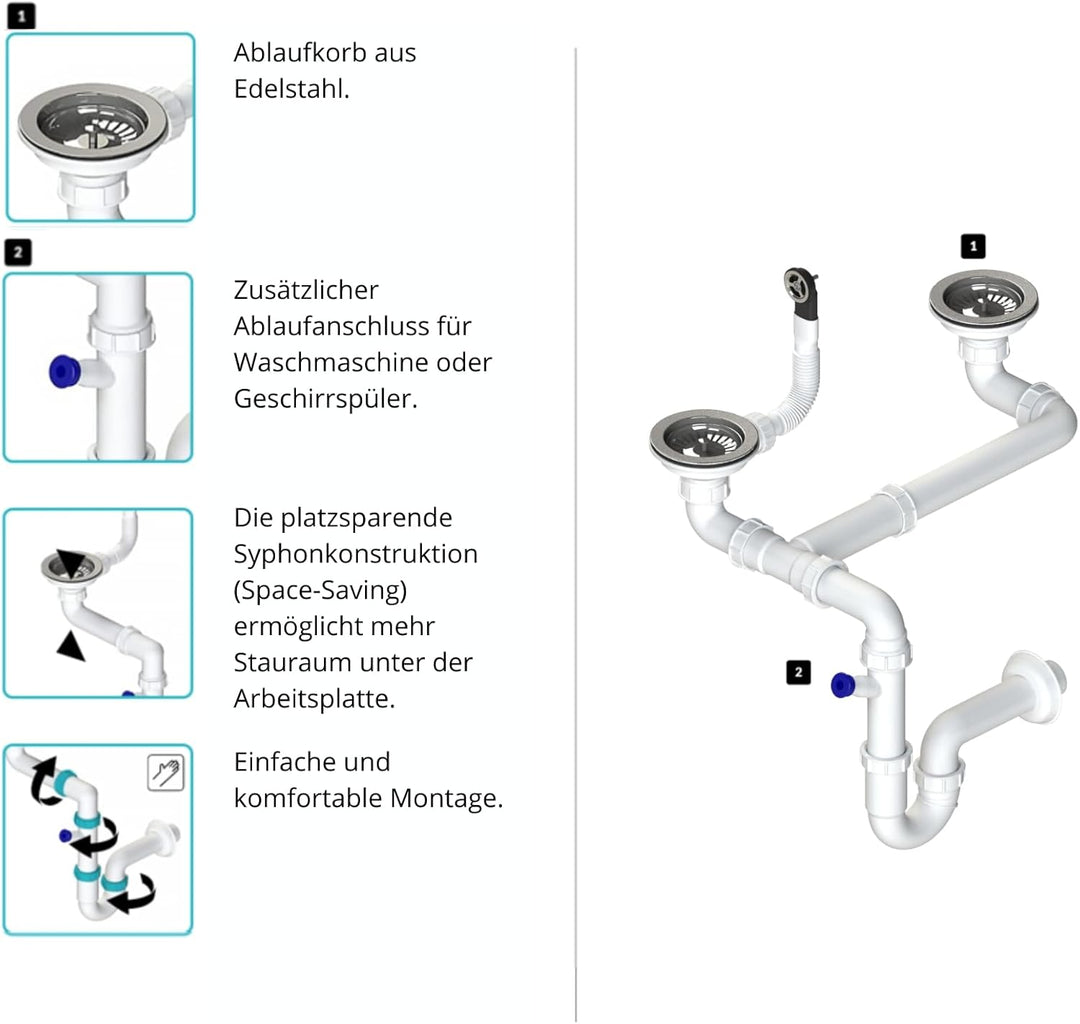 GRANMASTER Manuelle Platzsparender 2-Kammer-Siphon mit überlauf - Ablaufgarnitur für Spüle - Made in