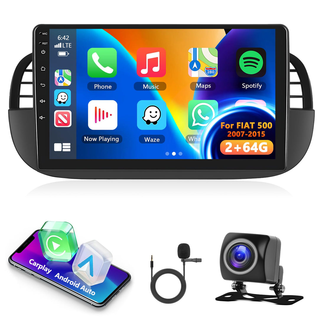 Carplay Autoradio für FIAT 500 2007-2015, 2GB+64GB Bildschirm Car Stereo mit Wireless Android Auto G