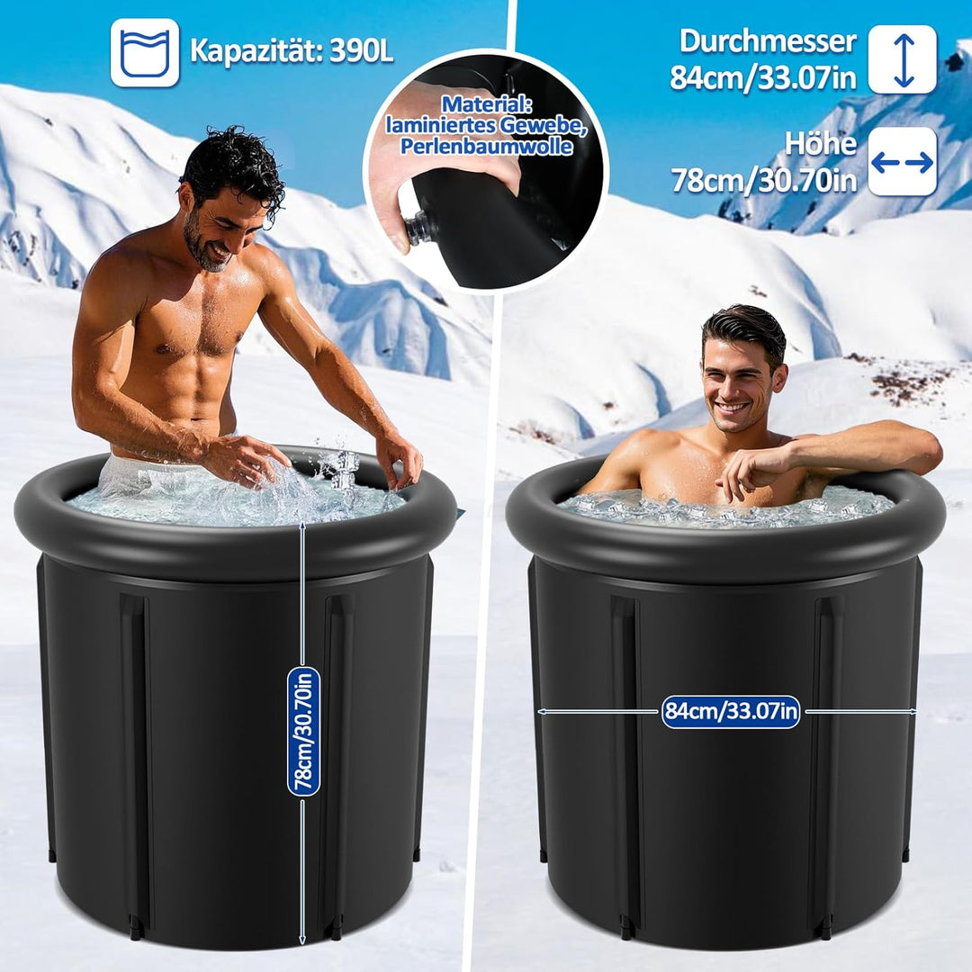 𝗝𝗮𝘅𝗴𝘂𝗼𝗺 Eisbad Tonne 390L, Faltbare Badewanne 80 x 78 cm mit Abdeckung, 5 Isolierschichten, Mobile E