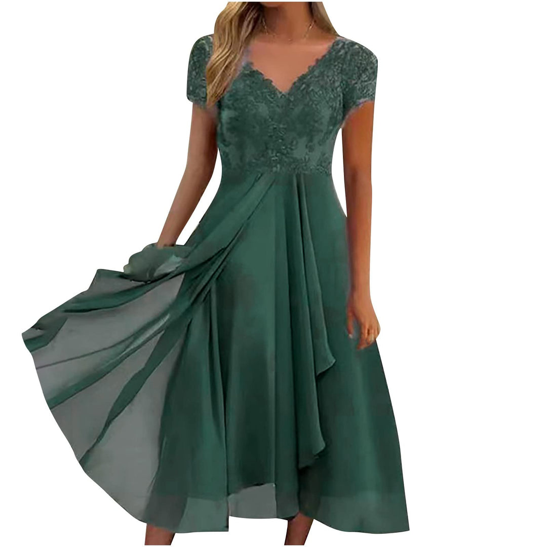 Damen Sommerkleid Elegantes Chiffon Mesh Freizeitkleid S-3XL Kurzarm Hoher Taille Wadenlanges Strand
