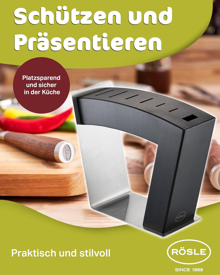 RÖSLE Messerblock MoveX schwarz, Hochwertiger Design-Messerblock aus Edelstahl und Eschenholz, sicht