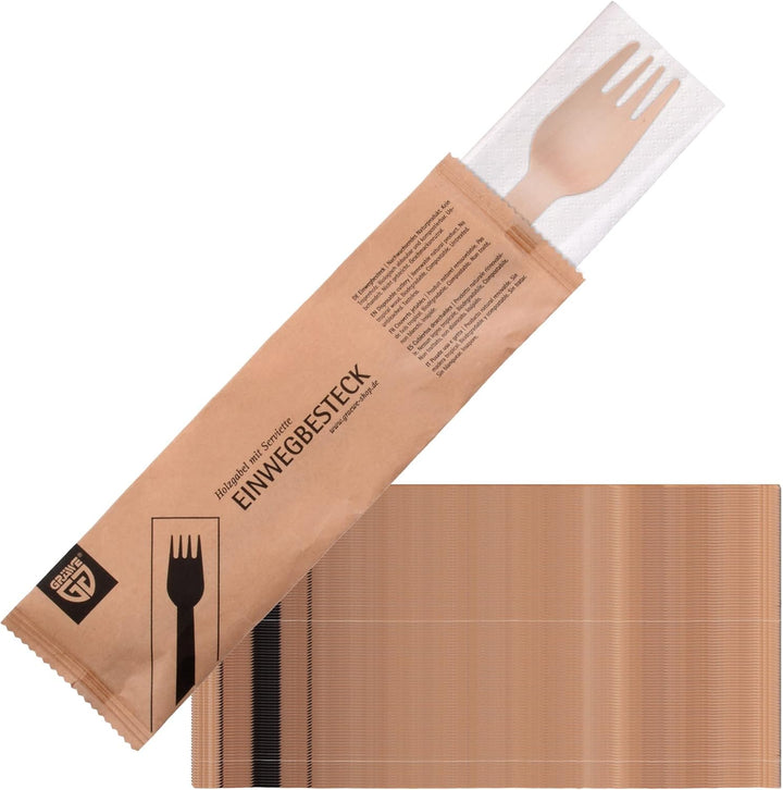 GRÄWE Holzgabel mit Serviette, 100 Sets, Nachhaltiges Besteckset aus Holz, Biologisch Abbaubar 100 S