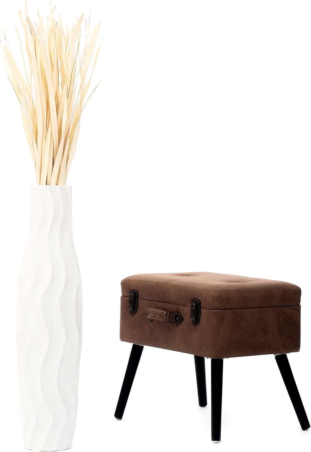 Leewadee Grosse Bodenvase für Dekozweige hohe Standvase Design Holzvase, Holz, 70 cm, Weiss 70 cm We