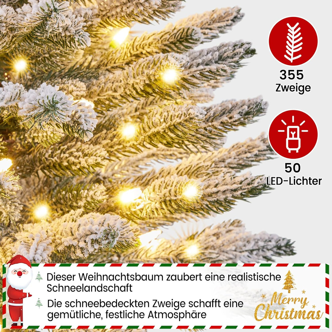 Yaheetech 94 cm Mini Künstlicher Weihnachtsbaum mit Schnee, Eingetopfter Tannenbaum mit 50 LEDs in W