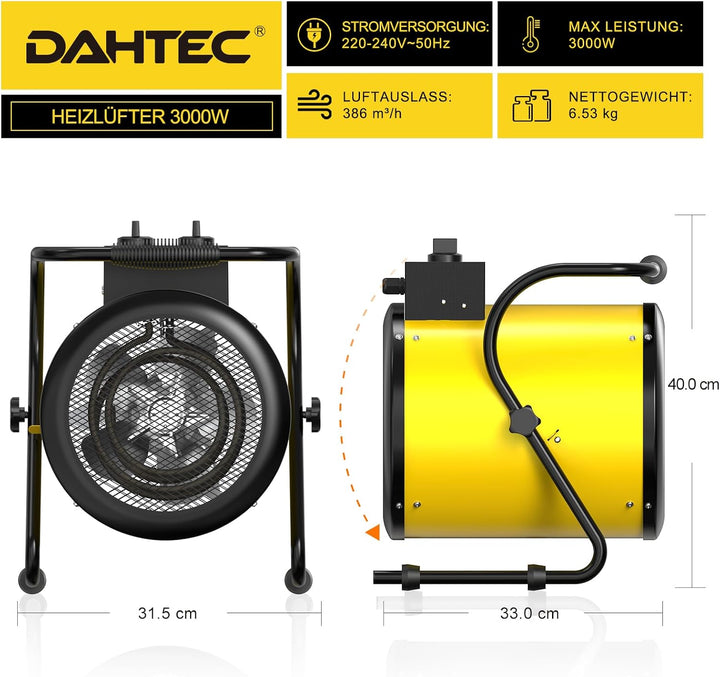 DAHTEC Industrie Heizgerät 3000 Watt Heizlüfter Grosse Räume mit Thermostat & 3 Heizstufen Bauheizer
