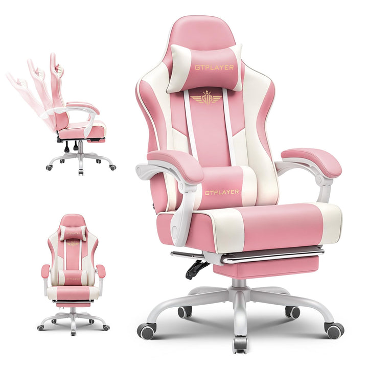 GTPLAYER Gaming Stuhl Chair Gamer Sessel - Ergonomischer Gamer Stuhl mit Fussstütze Kopfstütze und L