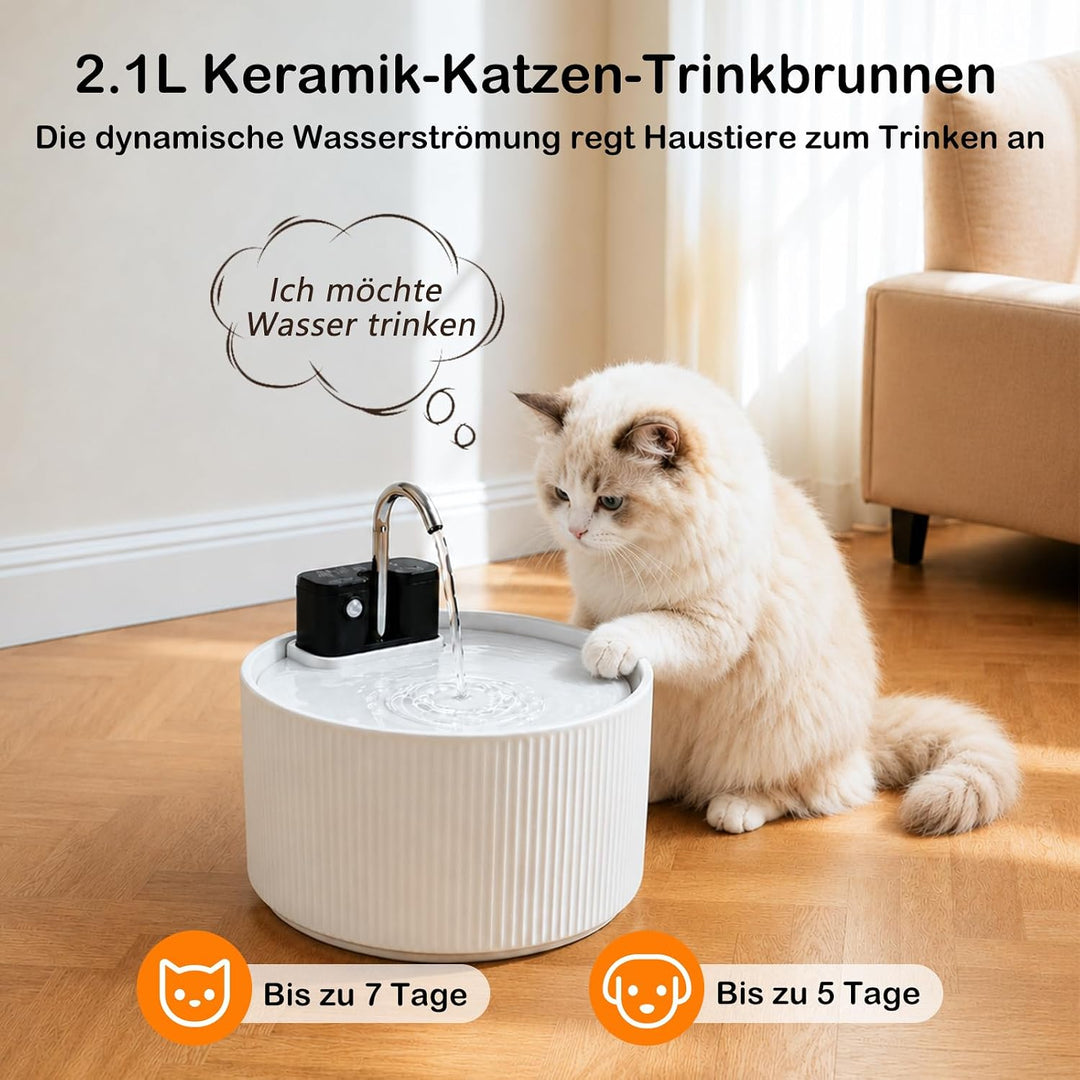 Katzenbrunnen Kabellos Keramik, 2,2L Trinkbrunnen für Katzen Keramik, Leise Katzenbrunnen Bewegungsm