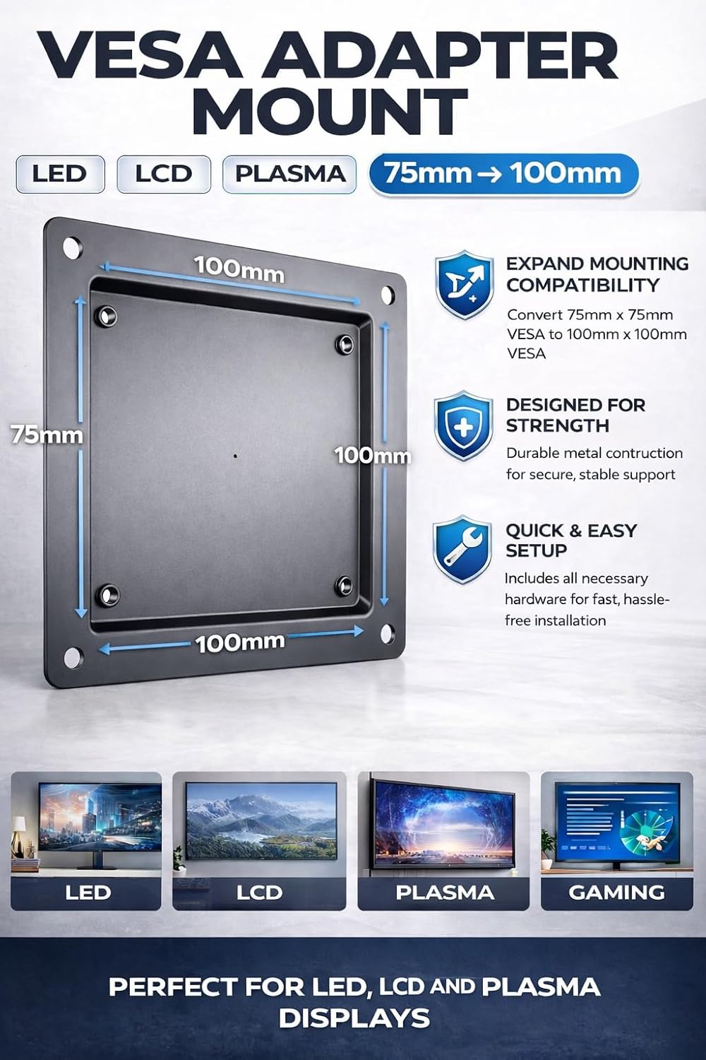RiteAV VESA-Adapterhalterung für LED/LCD/Plasma VESA 75 mm bis VESA 100 mm, inkl. Befestigungsschrau