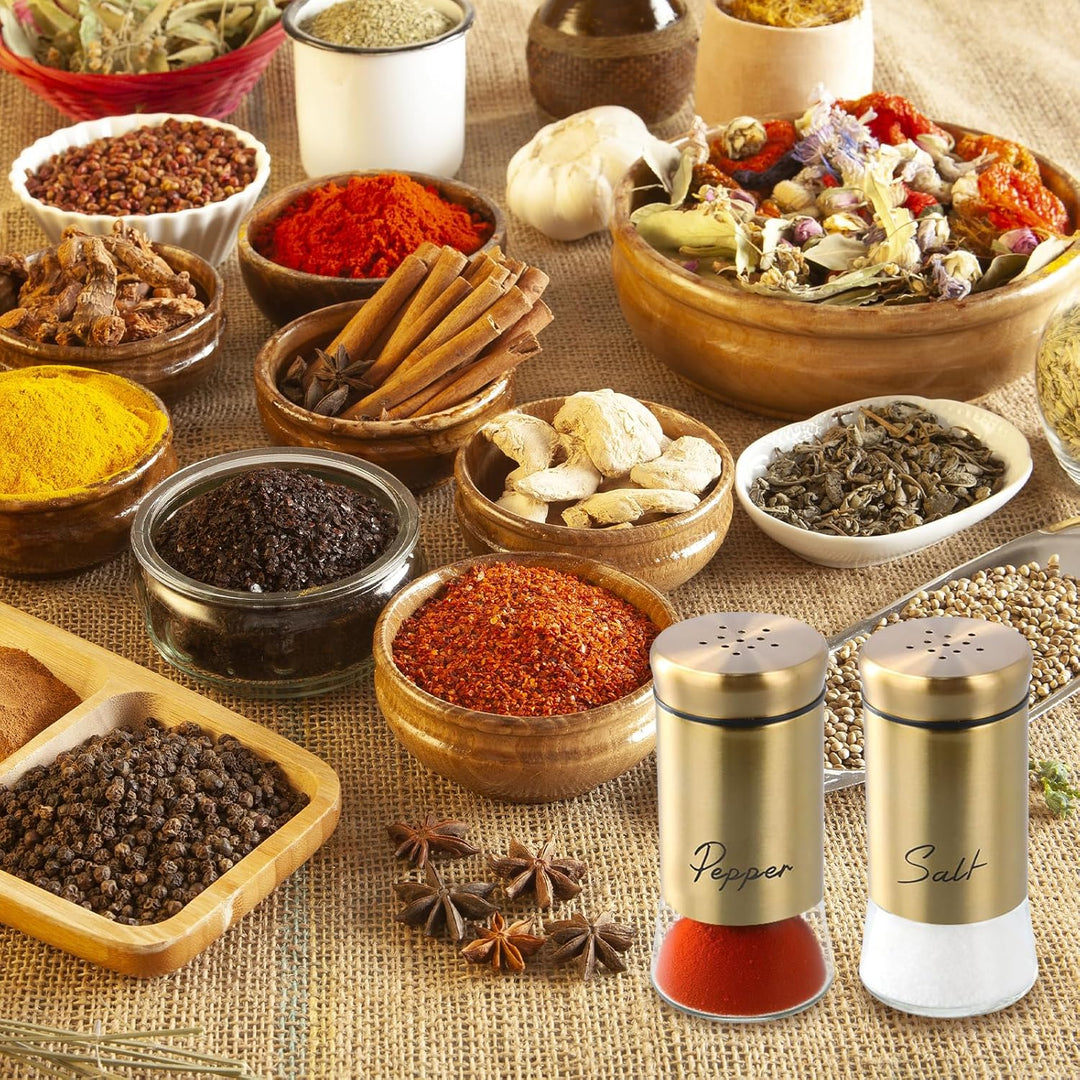 2 Stück Gold Salz Pfeffer Shaker, Salz und Pfefferstreuer Klein Set, 150ML Gewürzstreuer für Haus, K