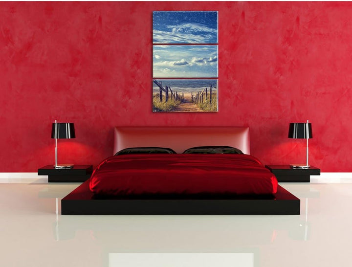 Pixxprint Weg zum Strand am Meer Kunst Buntstift Effekt 3-Teiler Leinwandbild 120x80 Bild auf Leinwa