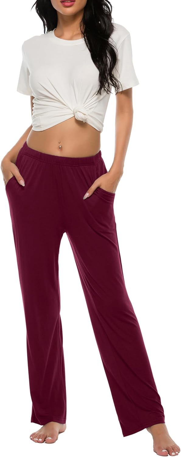 JINSHI Damen Schlafanzughose Lang Pyjamahose Weich Modal Nachtwäsche Freizeithose M Weinrot+ Schwarz
