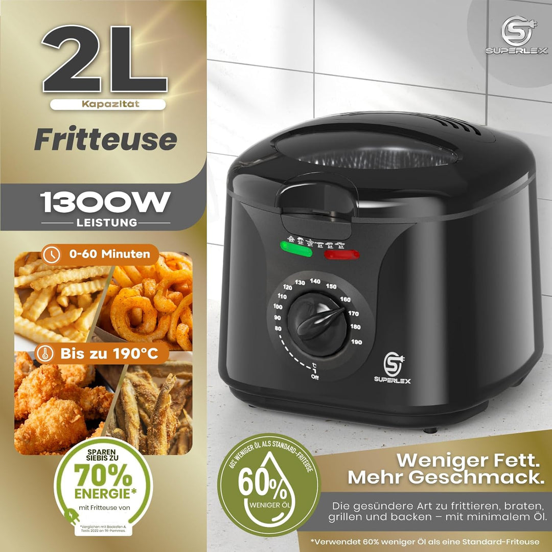 Friteuse mit Fett 2L Elektrische 1300W Kompakte Mini Fritteuse Öl mit Temperaturregelung Edelstahl F
