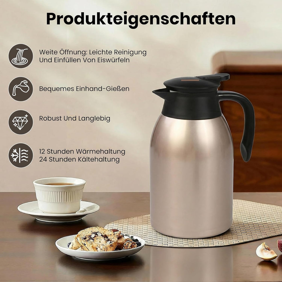 Thermoskanne 2L, Doppelwandige 316 Edelstahl Kaffeekanne, Vakuum Isolierkanne 24h Warmhalten, Für Ka