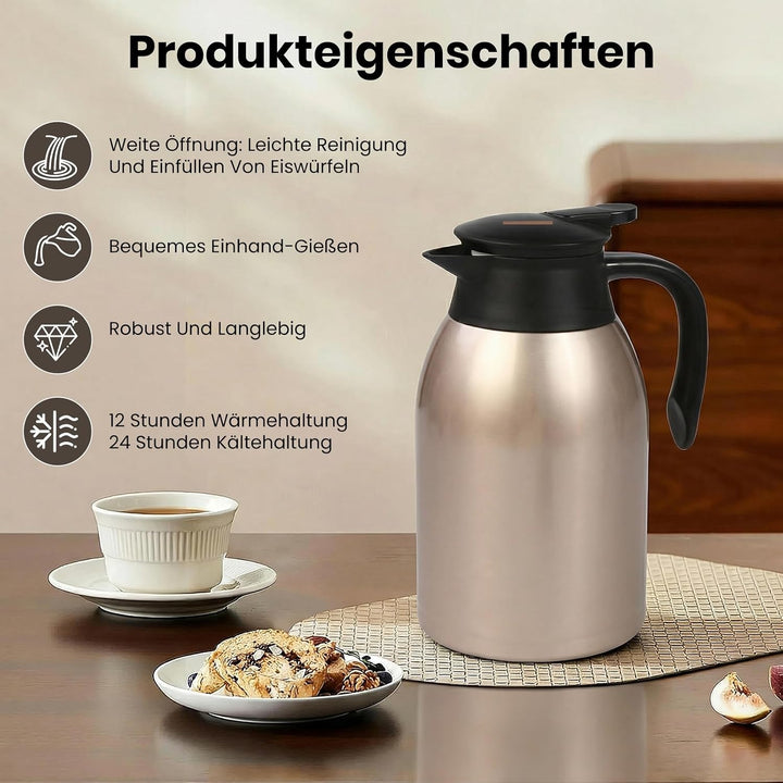 Thermoskanne 2L, Doppelwandige 316 Edelstahl Kaffeekanne, Vakuum Isolierkanne 24h Warmhalten, Für Ka