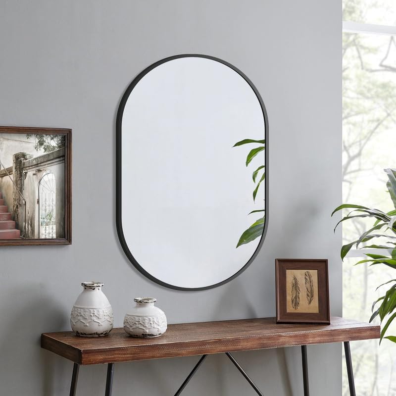 Spiegel Schwarz 80x50cm Ovaler Wandspiegel mit Metallrahmen Dekorative Spiege für Badezimmer Wohnzim