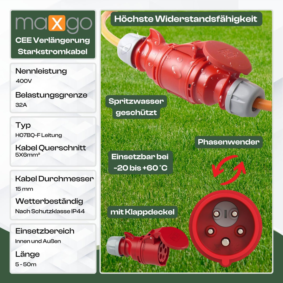 netbote24 CEE Starkstromkabel Verlängerungskabel Pur Leitung H07BQ-F 32A 400V 5g6 5x6 mm² 10m Orange