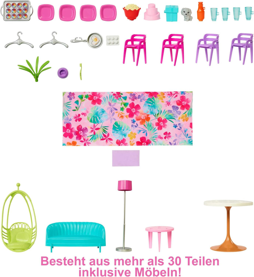 Barbie HCD50 - Malibu Ferien-Haus (klappbar), Puppenhaus mit Möbeln und diversen Zubehör-Teilen, Spi