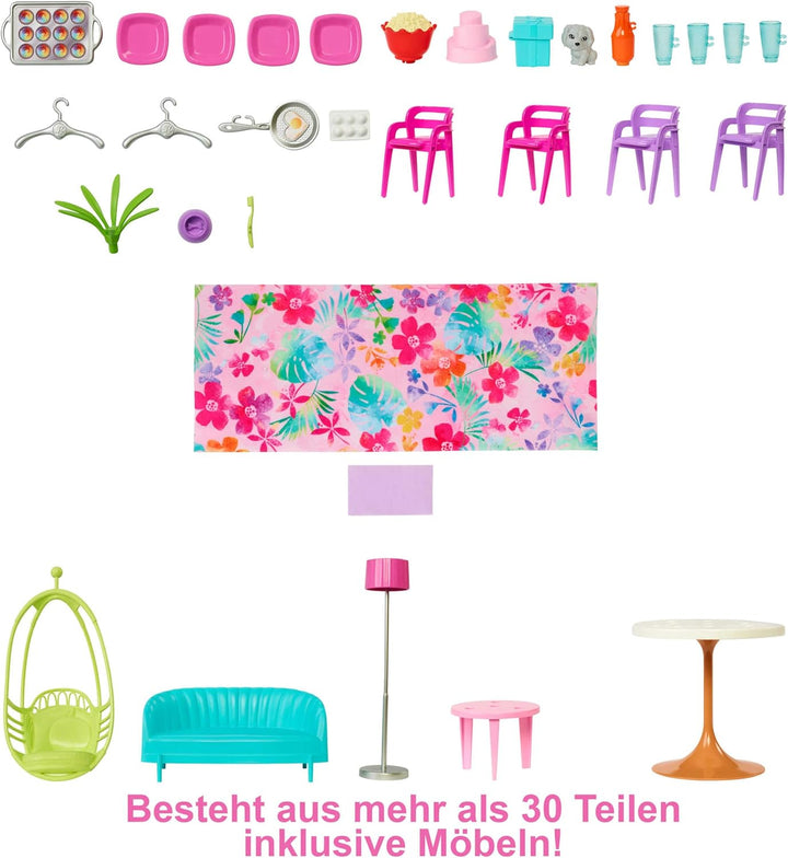 Barbie HCD50 - Malibu Ferien-Haus (klappbar), Puppenhaus mit Möbeln und diversen Zubehör-Teilen, Spi