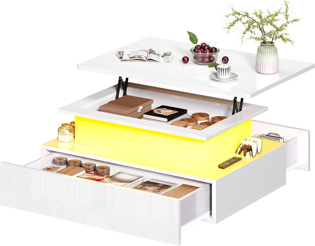 DWVO Couchtisch Hochglanz mit Schublade, Wohnzimmertisch Höhenverstellbar Modern mit 16-farbigem LED