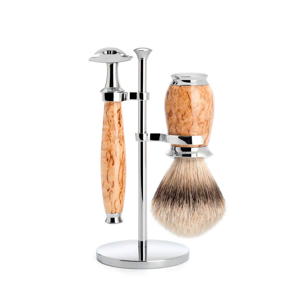 MÜHLE Rasierset - Purist Serie - Silberspitz Dachszupf - Rasierhobel - karelische Maserbirke