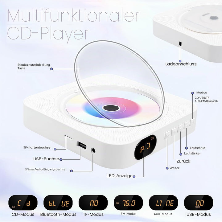 CD-Player mit Bluetooth – Wandmontierbarer Musik-Player Home Audio Boombox mit LCD-Display und Staub