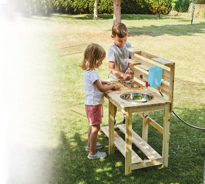 Happy People Kinder Holz - Matschküche - Kinderküche Garten - mit Edelstahlschalen - Natur