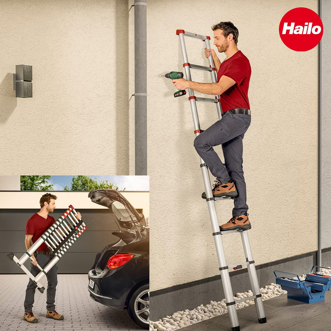 Hailo T80 FlexLine Alu-Sicherheits-Teleskopleiter - ausziehbare Anlegeleiter mit 13 Sprossen - Arbei