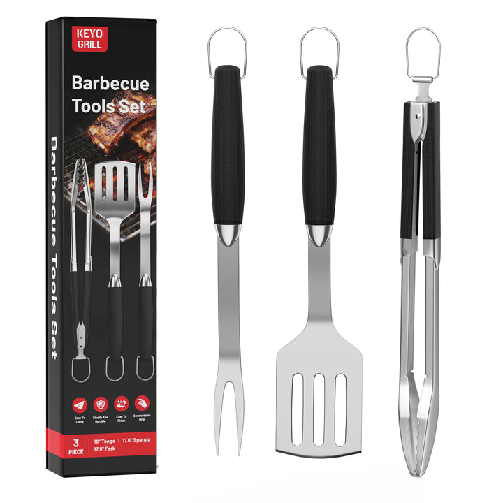 KEYO Kompakt Grillbesteck, 3-teilig aus Edelstahl, Bestehend aus Grillzange, Grillwender und Fleisch